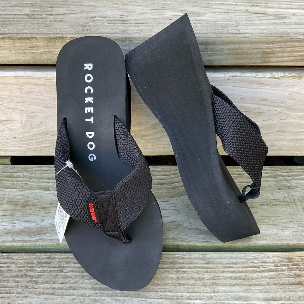 Rocket Dog Thong Platform Wedge Sandals Black Crush Webbing Woman’s 10 NWT